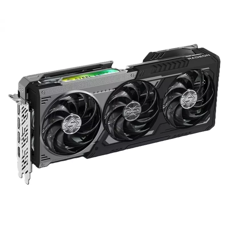 ASRock Radeon RX 9070 GRE Steel Legend Dark 12GB OC GDDR6: RDNA 4, 3072 stream processors, 192-bit, triple-fan, 1x HDMI + 3x DP, PCIe 5.0. Strong 1440p gaming.