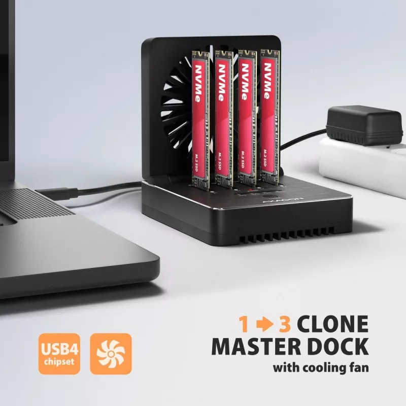 AXAGON ADSA-M2C44 USB4 40Gbps 4-Bay M.2 NVMe SSD Docking Station with Offline Clone Function, Aluminium, Active Cooling