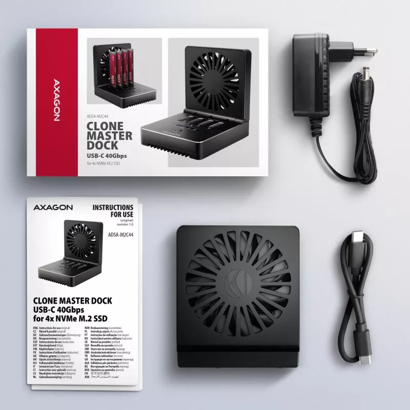 AXAGON ADSA-M2C44 USB4 40Gbps 4-Bay M.2 NVMe SSD Docking Station with Offline Clone Function, Aluminium, Active Cooling