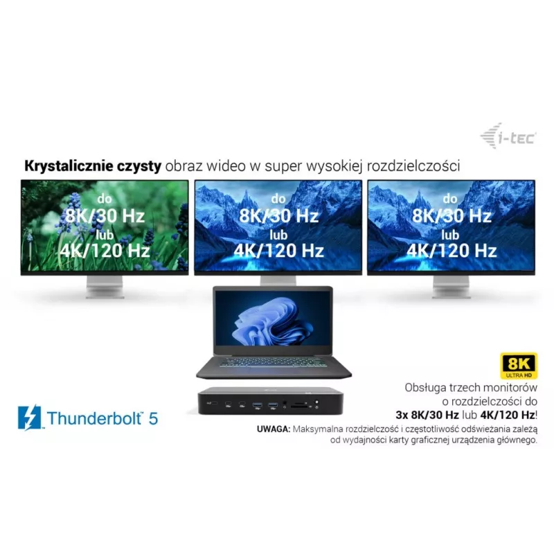 i-tec TB5 Triple Display Docking Station, 2x Thunderbolt 5, DP 2.1, 6x USB, M.2 NVMe slot, 2.5G LAN, SD/microSD, Audio, PD 140W
