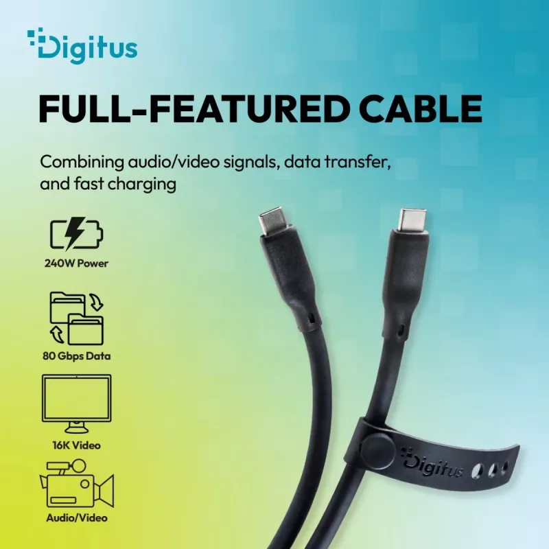 DIGITUS USB4 Version 2.0 Silicone Cable USB-C to USB-C 80Gbps 240W 16K 0.5m Black AK-300350-005-S