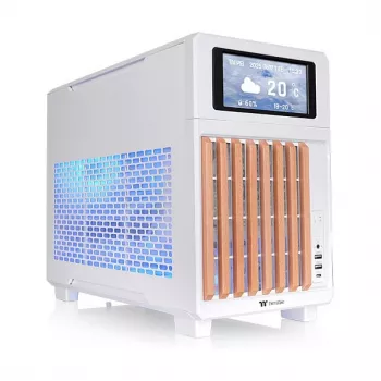 Thermaltake TR200 WS Snow White — Micro-ATX PC Case, Mesh with Real Wood Front Trim, 1x 120mm Fan, USB-C, 360mm Radiator / 365mm GPU Support