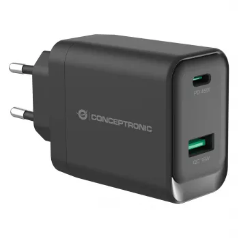 Conceptronic ALTHEA20B45 45W GaN USB-C PD & USB-A QC 3.0 Dual-Port Wall Charger Black