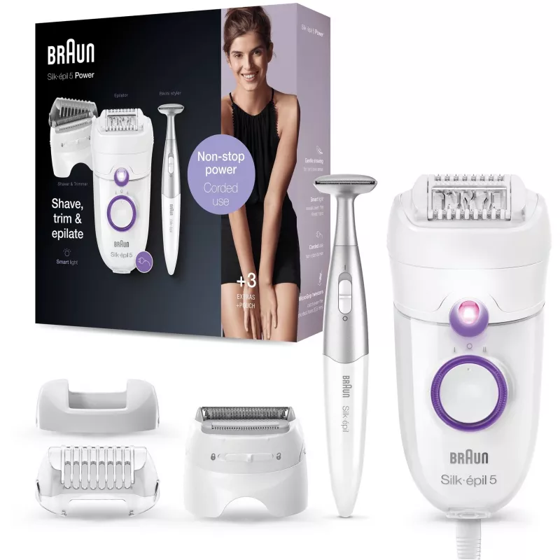 Braun Silk-épil 5 5-825 Power Epilator, White/Pink, 28 Tweezers, MicroGrip, Corded
