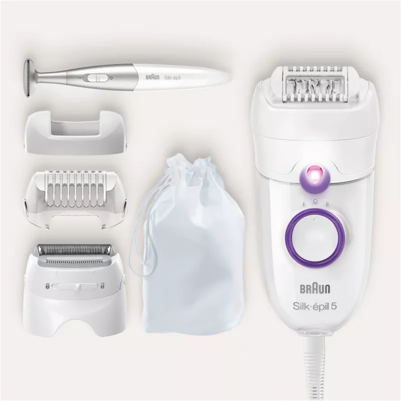 Braun Silk-épil 5 5-825 Power Epilator, White/Pink, 28 Tweezers, MicroGrip, Corded