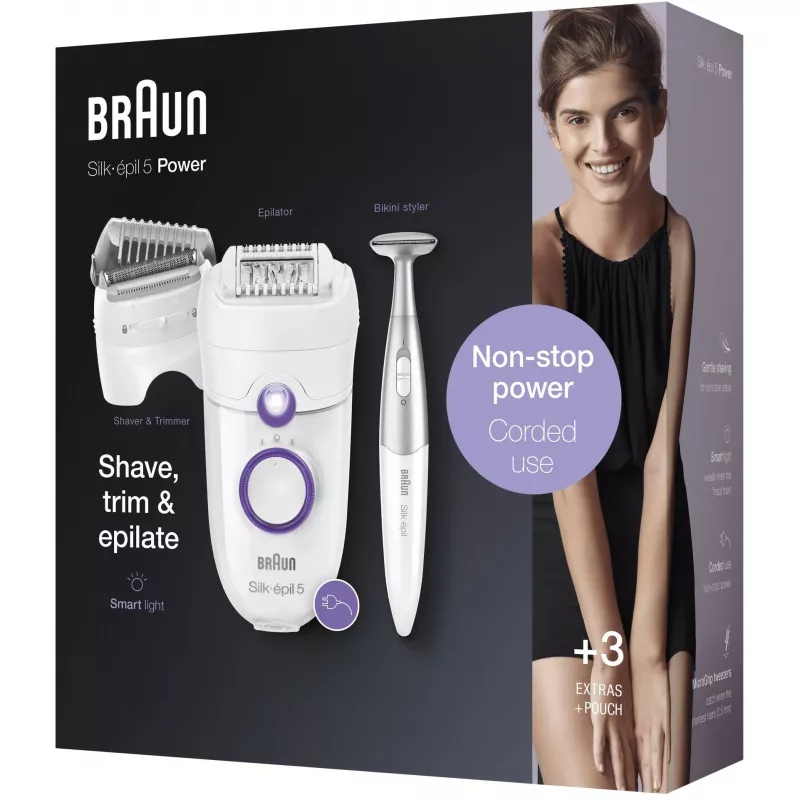 Braun Silk-épil 5 5-825 Power Epilator, White/Pink, 28 Tweezers, MicroGrip, Corded