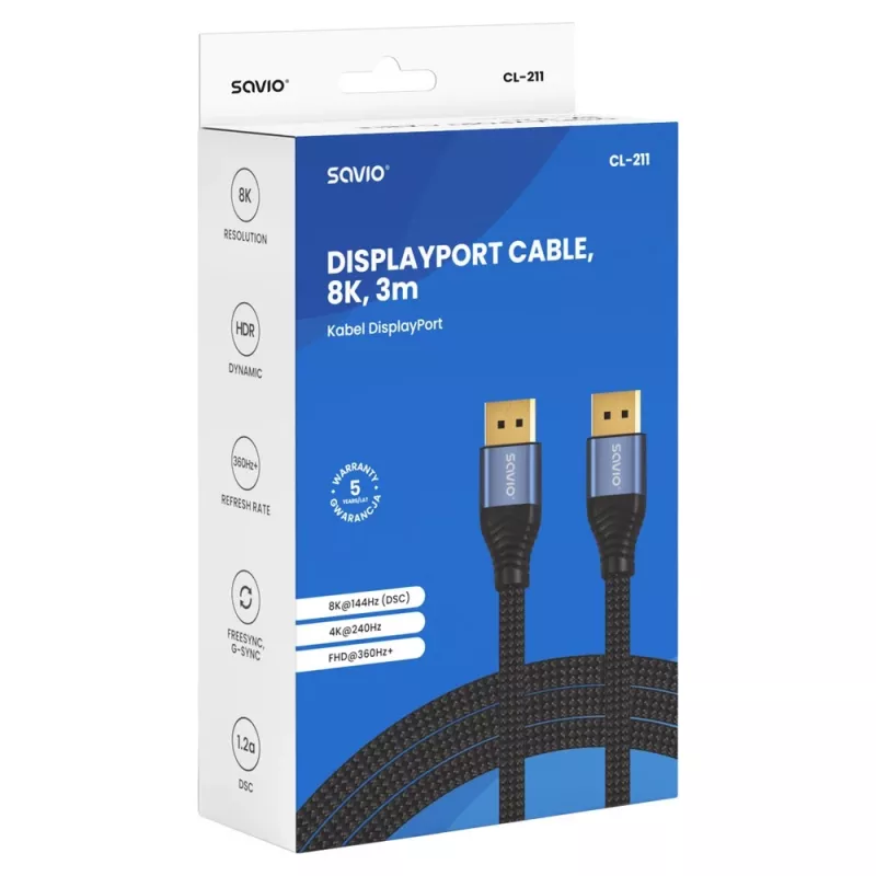 SAVIO CL-211 DisplayPort 2.1 Cable 3m Black