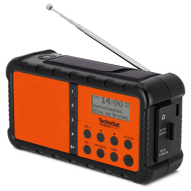 TechniSat TechniRadio Solar 2 DAB+/FM Portable Radio with Solar Panel and Hand Crank, Black/Orange