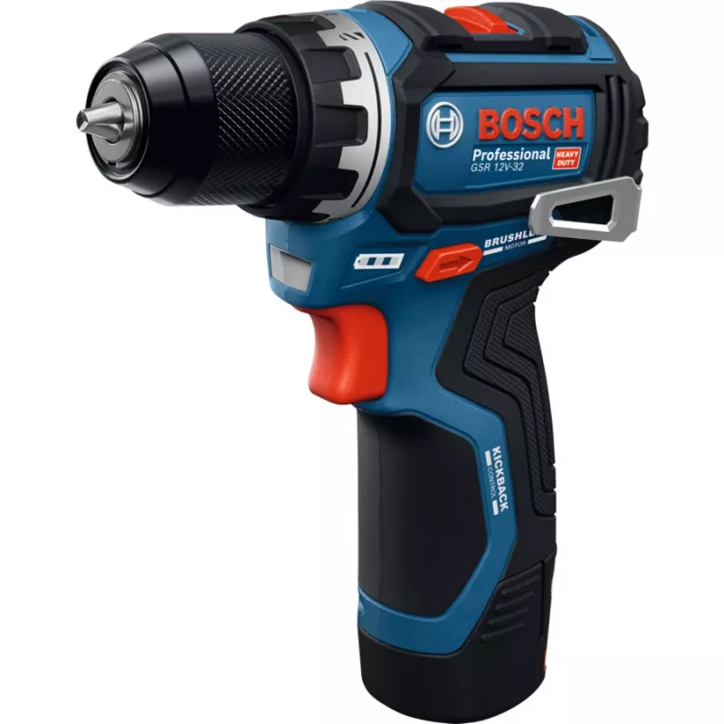 Bosch Professional GSR 12V-32 Cordless Drill Driver, 12V, Blue/Black, 2x 2.0Ah Li-Ion Batteries, 24-Piece Accessory Set, Tool Bag
