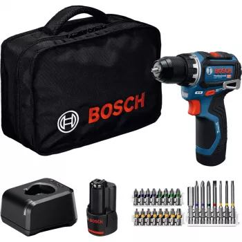 Bosch Professional GSR 12V-32 Cordless Drill Driver, 12V, Blue/Black, 2x 2.0Ah Li-Ion Batteries, 24-Piece Accessory Set, Tool Bag