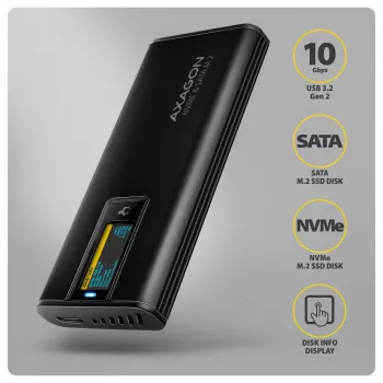 AXAGON EEM2-SD2B External Enclosure 10Gbps M.2 NVMe/SATA SSD with LED Display, USB-C, Black