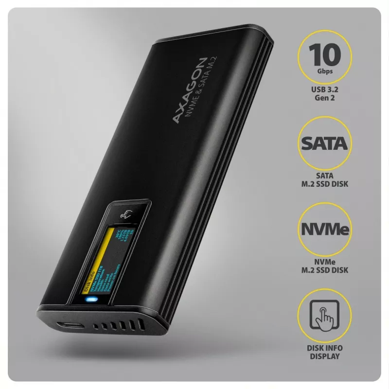 AXAGON EEM2-SD2B External Enclosure 10Gbps M.2 NVMe/SATA SSD with LED Display, USB-C, Black