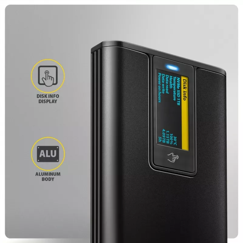 AXAGON EEM2-SD2B External Enclosure 10Gbps M.2 NVMe/SATA SSD with LED Display, USB-C, Black