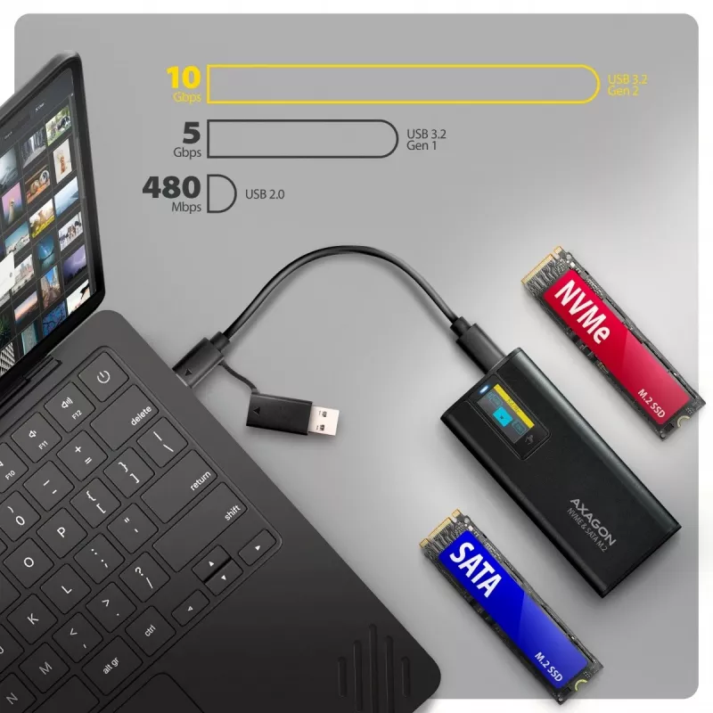AXAGON EEM2-SD2B External Enclosure 10Gbps M.2 NVMe/SATA SSD with LED Display, USB-C, Black