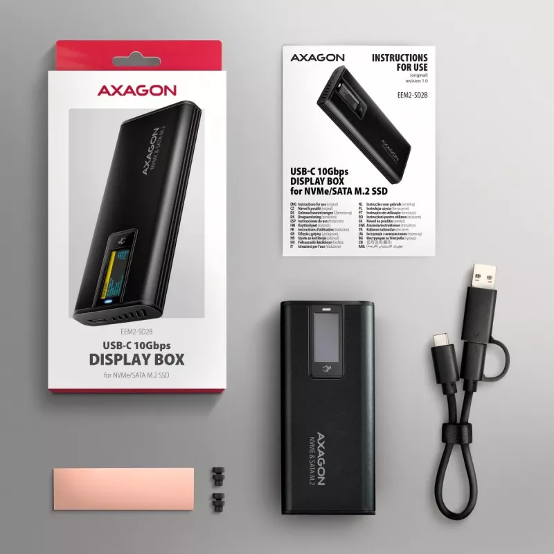 AXAGON EEM2-SD2B External Enclosure 10Gbps M.2 NVMe/SATA SSD with LED Display, USB-C, Black