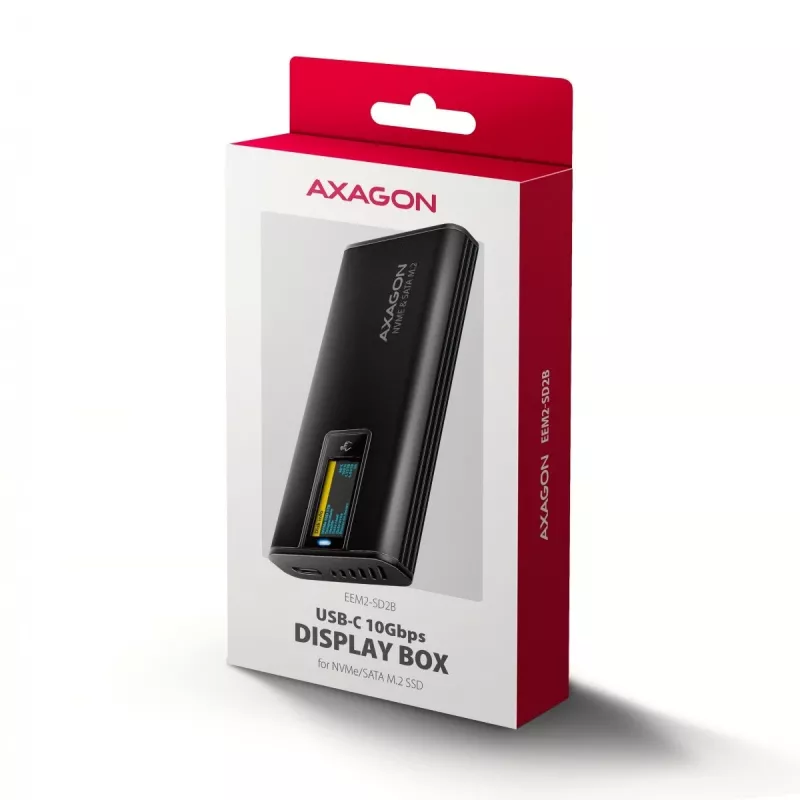 AXAGON EEM2-SD2B External Enclosure 10Gbps M.2 NVMe/SATA SSD with LED Display, USB-C, Black