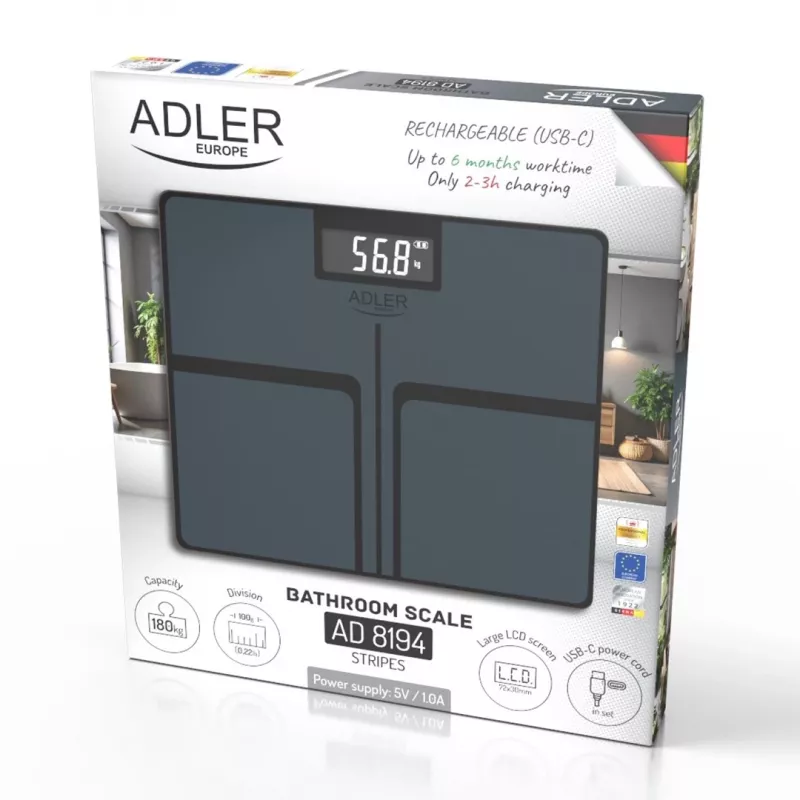Adler AD 8194s Digital Bathroom Scale, White, Striped Pattern, 180 kg Capacity