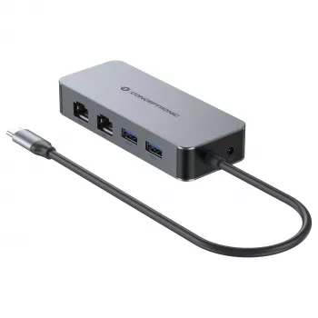 CONCEPTRONIC USB-C to 2x Gigabit Ethernet + 2x USB-A 3.2 Gen 1 Adapter, 0.3m, Grey