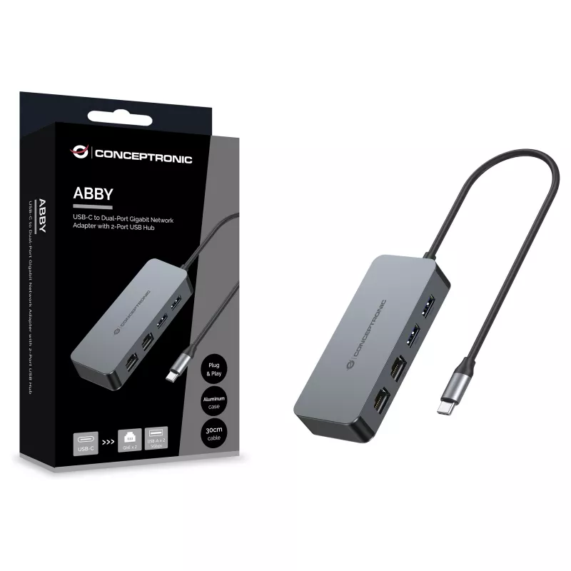 CONCEPTRONIC USB-C to 2x Gigabit Ethernet + 2x USB-A 3.2 Gen 1 Adapter, 0.3m, Grey