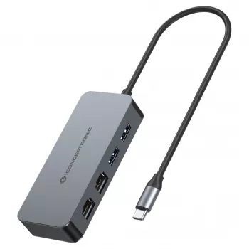 CONCEPTRONIC USB-C to 2x Gigabit Ethernet + 2x USB-A 3.2 Gen 1 Adapter, 0.3m, Grey