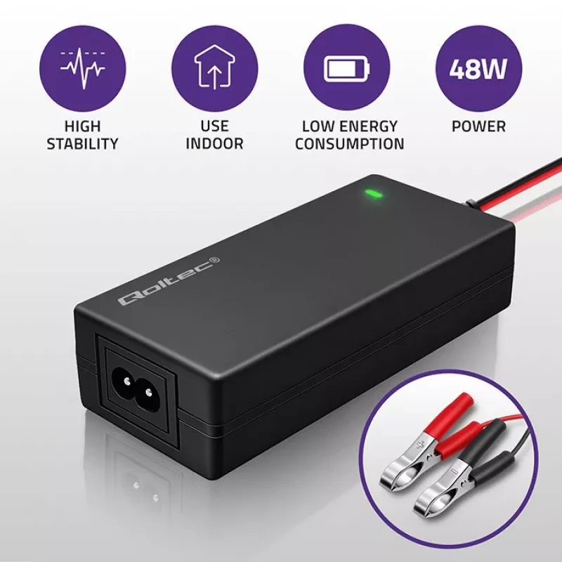 Qoltec 52665 Automatic Battery Charger for AGM GEL STD Batteries, 24V 2A 48W, LED Indicator, 1.8m Cable