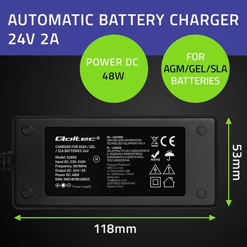 Qoltec 52665 Automatic Battery Charger for AGM GEL STD Batteries, 24V 2A 48W, LED Indicator, 1.8m Cable