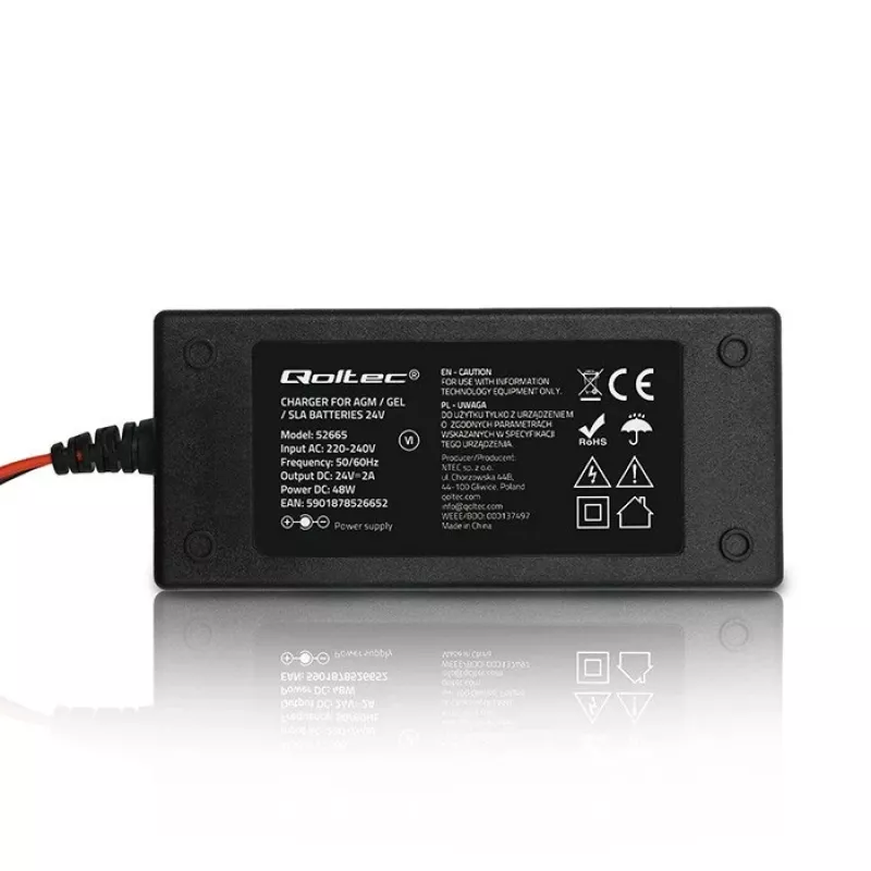 Qoltec 52665 Automatic Battery Charger for AGM GEL STD Batteries, 24V 2A 48W, LED Indicator, 1.8m Cable