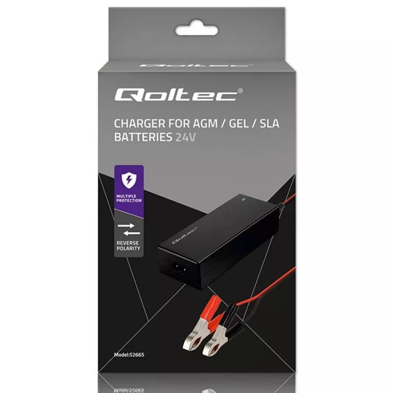 Qoltec 52665 Automatic Battery Charger for AGM GEL STD Batteries, 24V 2A 48W, LED Indicator, 1.8m Cable