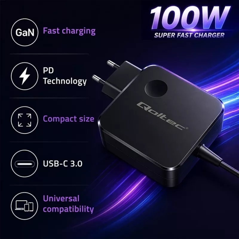 Qoltec 100W GaN USB-C PD Charger 5-20V 3-5A Black