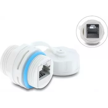 Delock RJ45 Coupler Cat.6A Female to Female with M23.5 x 1.5 mm Thread and Sealing Cap IP68 Dustproof and Waterproof White (87156)
