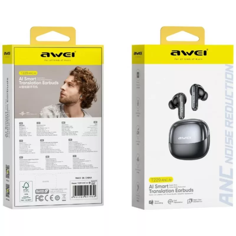 AWEI T229 ANC AI True Wireless Earbuds with Real-Time Translation, Active Noise Cancellation, Bluetooth 5.0, IPX4, Up to 20h Battery Life, Black