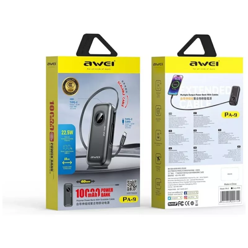 AWEI PowerBank PA-9 10000mAh 22.5W with Retractable Cable Black
