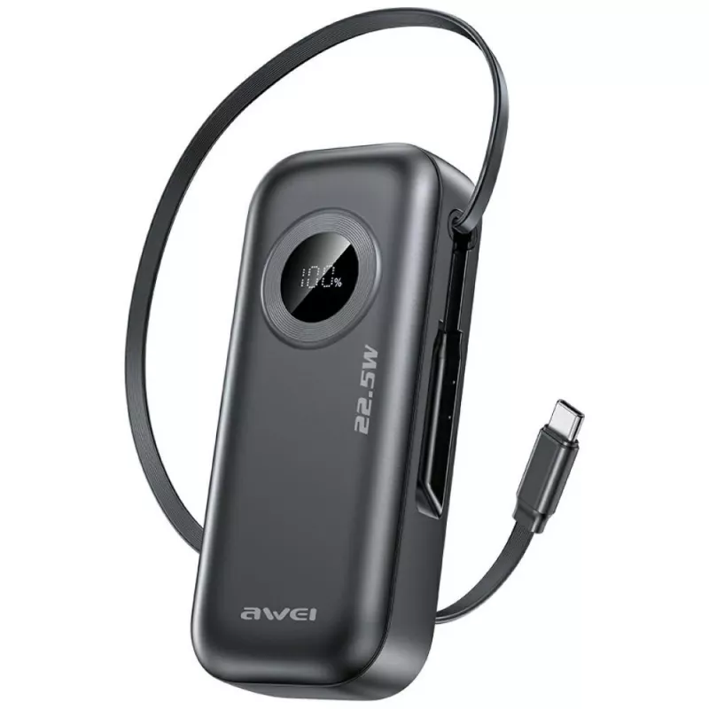 AWEI PowerBank PA-9 10000mAh 22.5W with Retractable Cable Black