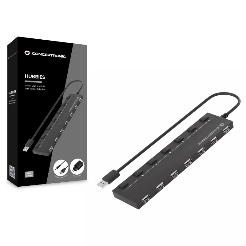 Conceptronic 7-Port USB 2.0 Hub with Power Adapter - Black (HUBBIES08BP)