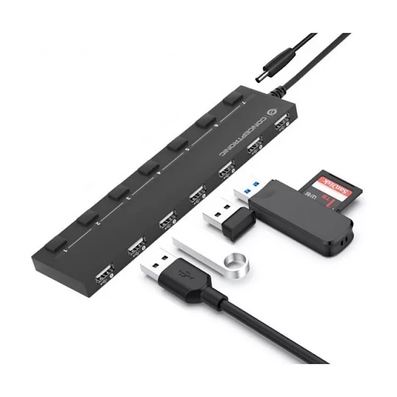 Conceptronic 7-Port USB 2.0 Hub with Power Adapter - Black (HUBBIES08BP)