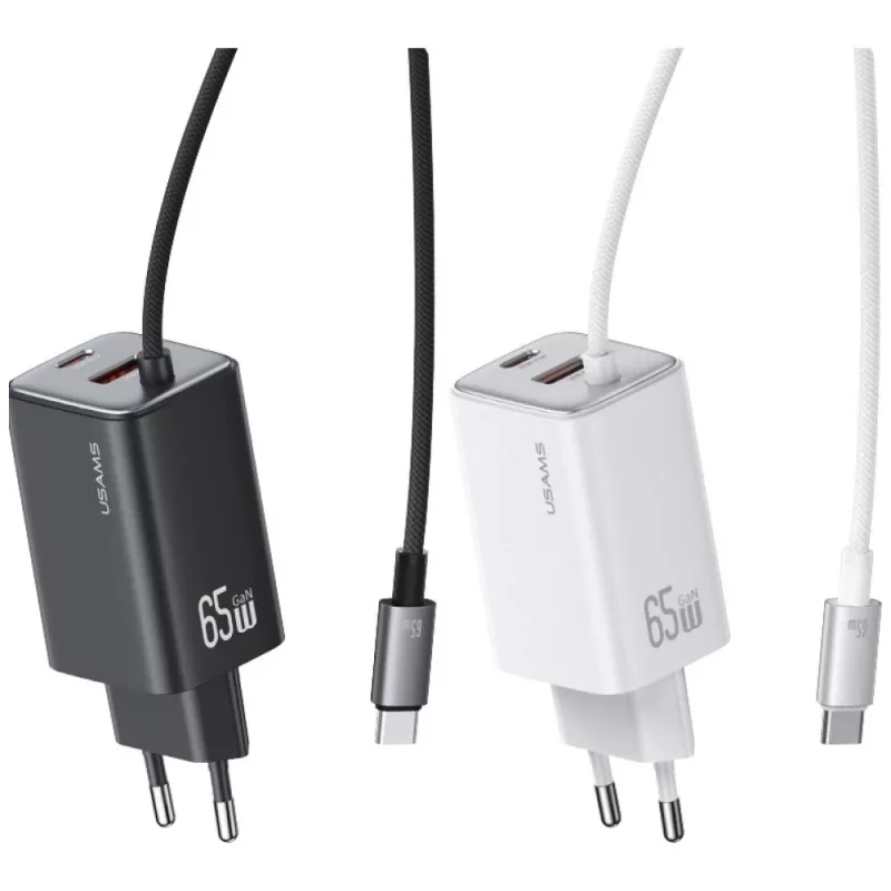 USAMS JC Series CC266 65W GaN Fast Charger 2xUSB-C 1xUSB-A with Built-in USB-C Cable 1.5m White
