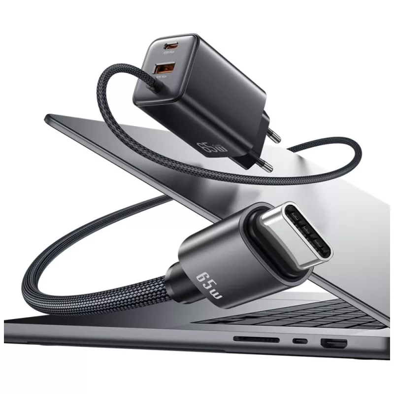 USAMS JC Series CC266 65W GaN Fast Charger 2xUSB-C 1xUSB-A with Built-in USB-C Cable 1.5m White