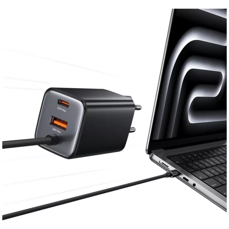 USAMS JC Series CC266 65W GaN Fast Charger 2xUSB-C 1xUSB-A with Built-in USB-C Cable 1.5m White