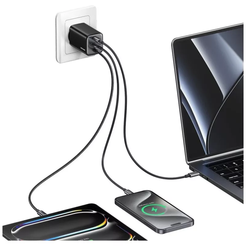 USAMS JC Series CC266 65W GaN Fast Charger 2xUSB-C 1xUSB-A with Built-in USB-C Cable 1.5m White