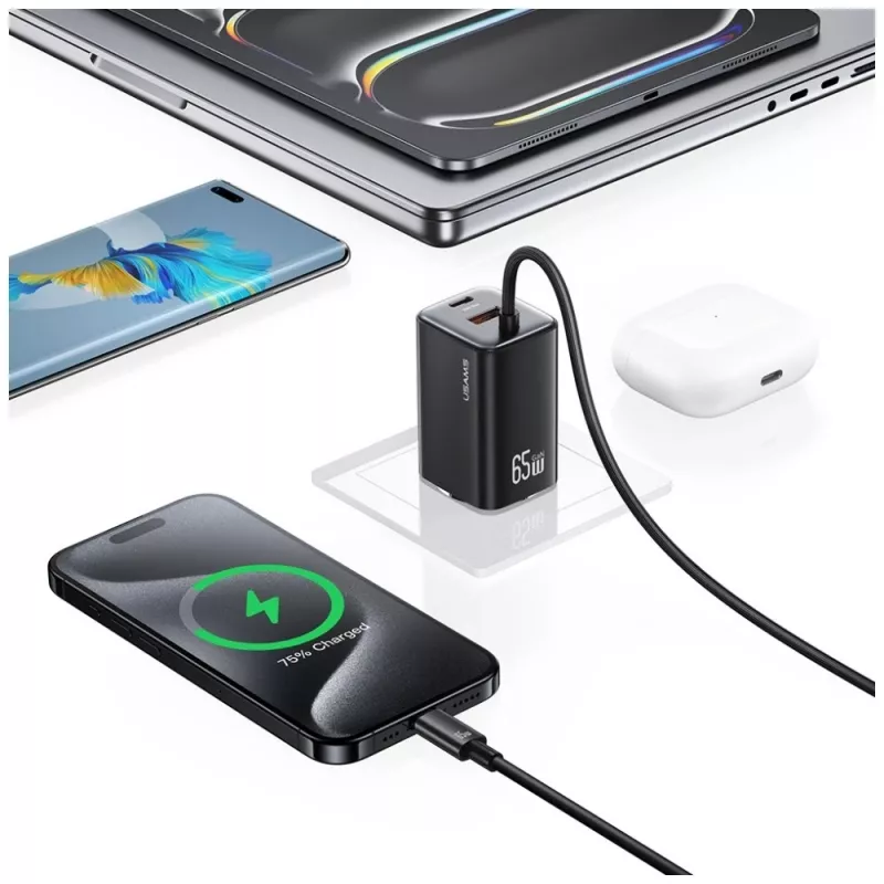 USAMS JC Series CC266 65W GaN Fast Charger 2xUSB-C 1xUSB-A with Built-in USB-C Cable 1.5m White