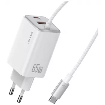 USAMS JC Series CC266 65W GaN Fast Charger 2xUSB-C 1xUSB-A with Built-in USB-C Cable 1.5m White