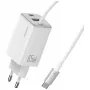 USAMS JC Series CC266 65W GaN Fast Charger 2xUSB-C 1xUSB-A with Built-in USB-C Cable 1.5m White