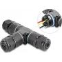Delock T-Shape Cable Connector 3-Pin Clamp Terminal IP68 Waterproof for Cable Diameter 5-9 mm incl. Seals for 9-12 mm, Tool-Free, Black (87244)