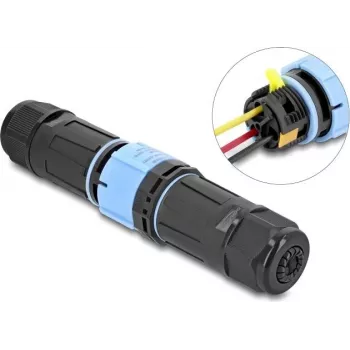 Delock Cable Connector with Bayonet Lock 3 Pin Male to Female, IP68 Waterproof for Cable Diameter 5 - 9 mm, incl. Seals for 9 - 12 mm, Tool-free, Black (87249)