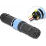Delock Cable Connector with Bayonet Lock 3 Pin Male to Female, IP68 Waterproof for Cable Diameter 5 - 9 mm, incl. Seals for 9 - 12 mm, Tool-free, Black (87249)