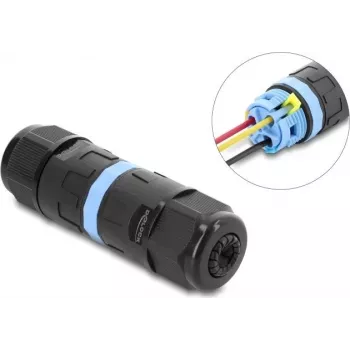 Delock Inline Cable Connector 3 Pin, IP68 Waterproof, Clamp Connection, Tool-Free, for Cable Diameter 5-9 mm, incl. Seals for 9-12 mm, Black (87243)