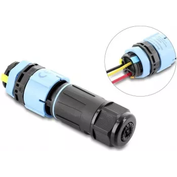 Delock Cable Connector with Bayonet Lock 3 Pin Male to Female with Housing for Panel Mount, IP68 Waterproof for Cable Diameter 5 - 9 mm, incl. Seal for 9 - 12 mm Tool-free Black (87250)