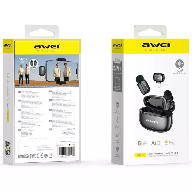AWEI MK5 Duo Ai-Voice Black Wireless Lavalier Microphone