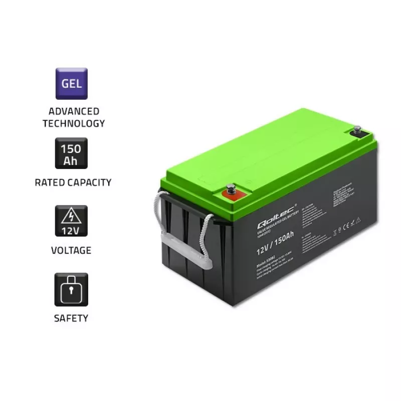 Qoltec 12V 150Ah Gel Battery (GEL) - VRLA, Maintenance-Free, 41.8kg