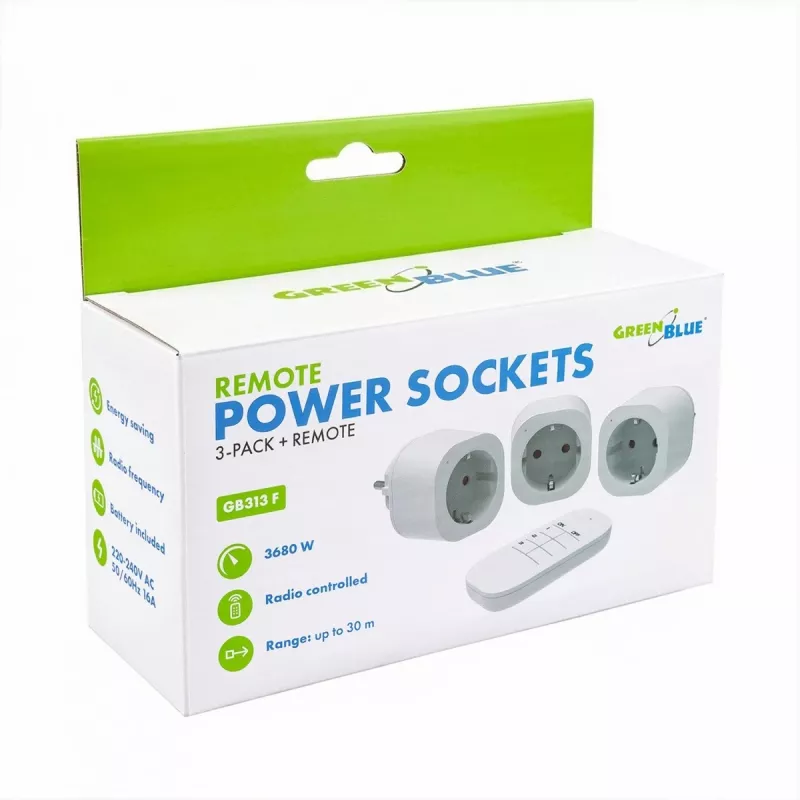 GREENBLUE GB313 F Remote-Controlled 3-Outlet Power Strip with 433.92 MHz RF Remote, 2300W, Type F